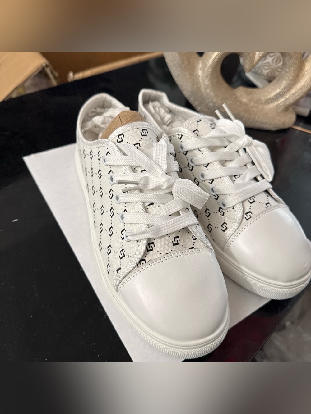 White Low-Top Sneakers with Monogram Print